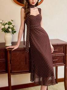 Vestido elegante vintage de mujer con estampado de lunares, vestido ajustado de malla de gasa, vestido casual de oficina para vacaciones, vestidos de verano para mujer, atuendos de festival, vestidos de fiesta para el Día de la Madre, vestidos elegantes para fiestas, vestidos elegantes para bodas, vestidos de graduación, vestidos de fiesta, atuendos de vacaciones, vestidos de campo, vestidos elegantes para ceremonias - Marrón - Ver 5