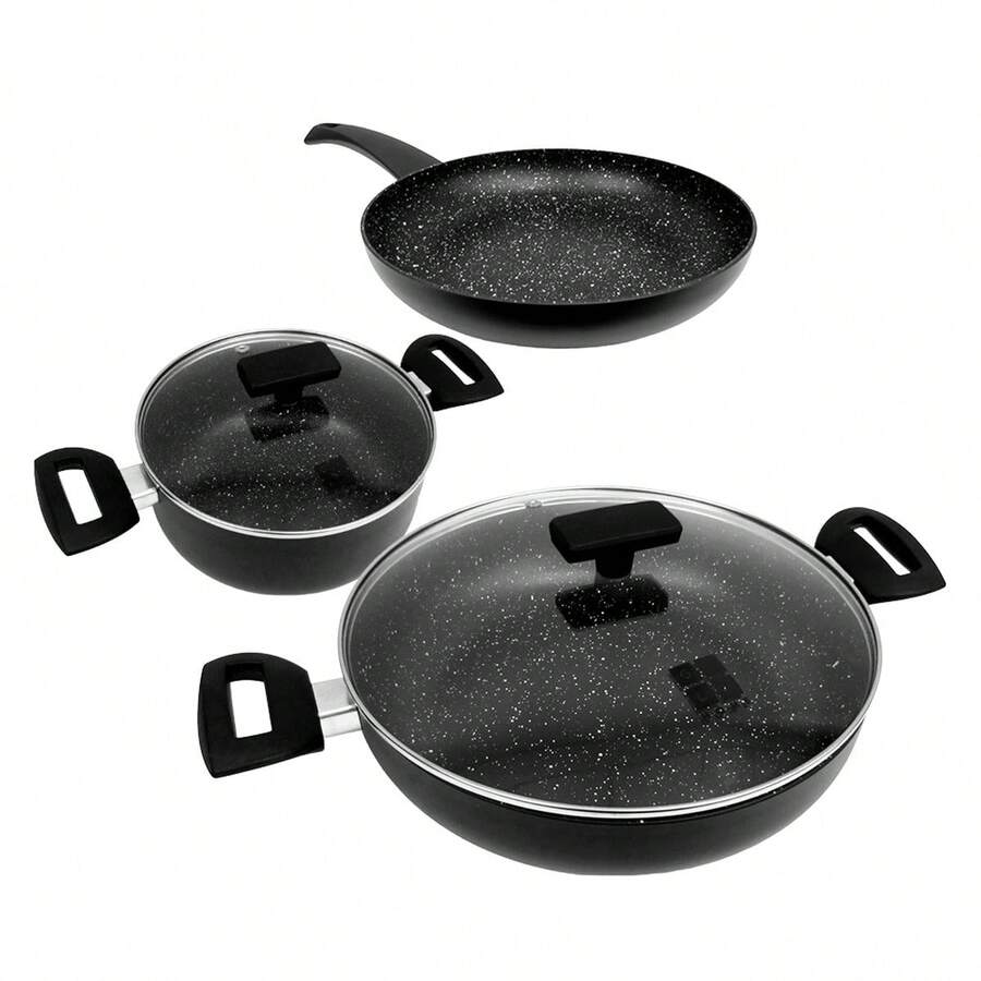 Batterie de cuisine Klack 5 pièces – Aluminium antiadhésif de haute qualité – Comprend des casseroles et une poêle (20, 24 et 28 cm) avec couvercles en verre trempé – Compatible tous feux et induction - Noir - Voir 1