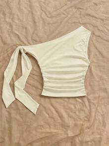 Blusa asimétrica de hombro con pliegues y estampado de lunares estilo Y2K para mujer - Multicolor 2 - Ver 2