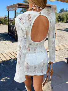 Vestido de suéter casual de unicolor y elegante minimalista para mujer, primavera/verano - Blanco - Ver 6