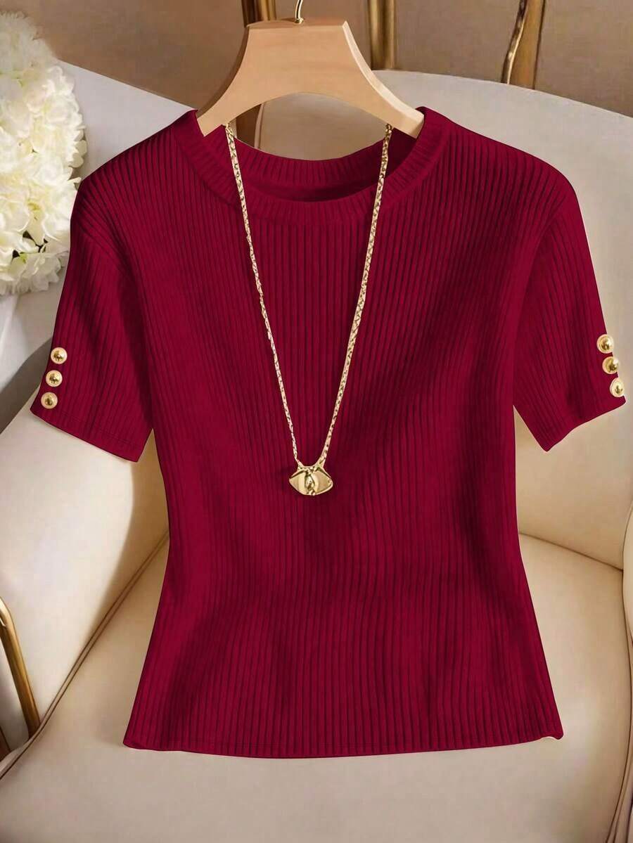 Elegante camiseta de punto de cuello redondo, top de punto minimalista de moda, primavera/verano - Rojo - Ver 1