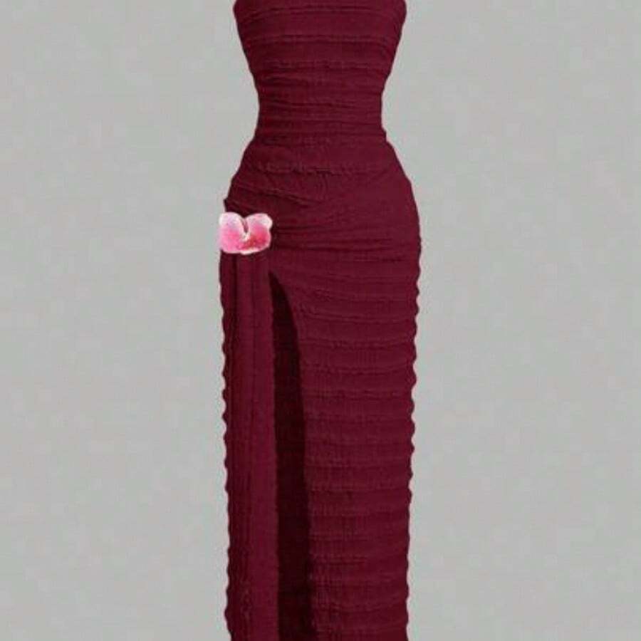 Sweetro Ruched High Slit Bandeau Bodycon Dress, Elegant - Burdeos - Ver 1