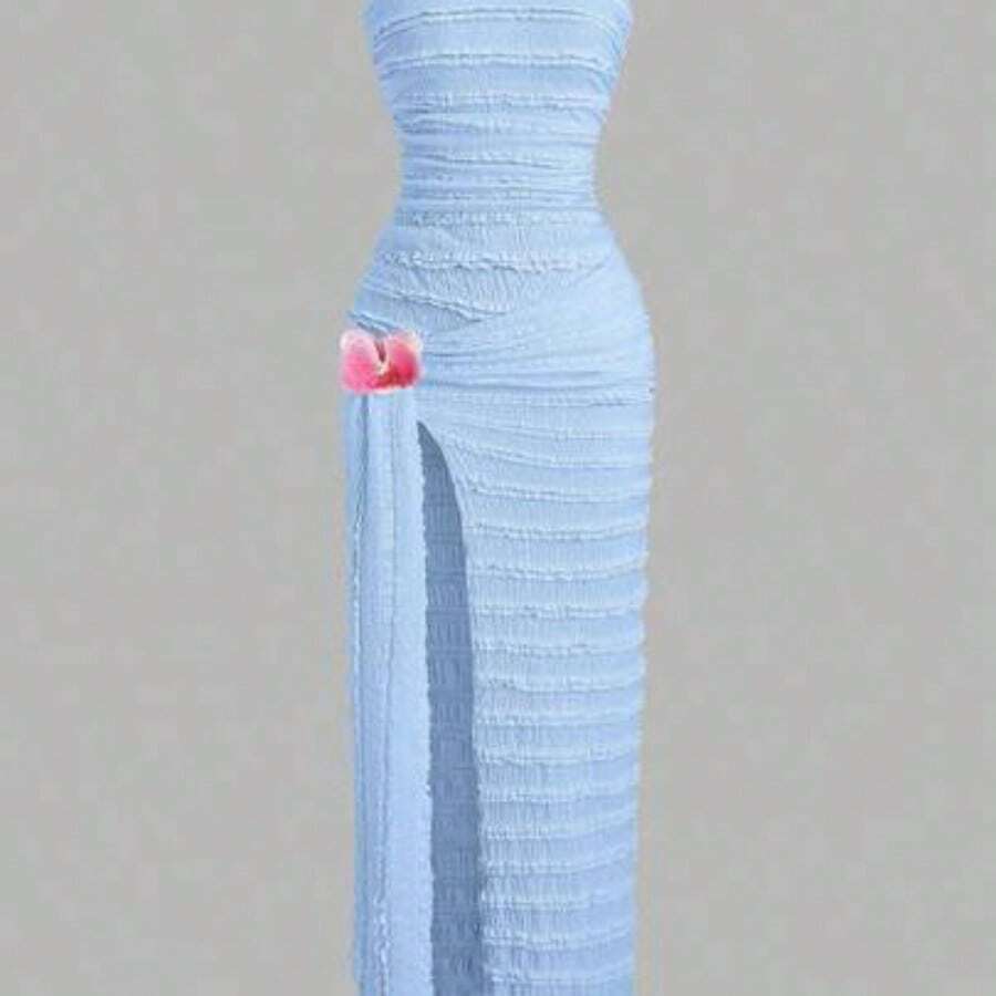 Sweetro Ruched High Slit Bandeau Bodycon Dress, Elegant - Celeste - Ver 1