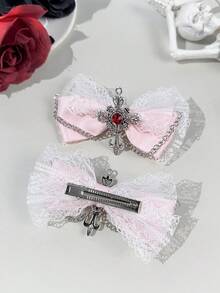 2pcs Gothic Style Lace Ribbon Cross Chain Hair Accessories, Suitable For Holiday Outfits And Daily Wear For Gothic Enthusiasts,Clips For Hair,Claw Clips - Pink - View 3