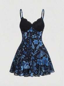 ROMWE Fairycore Vestido mini con tirantes finos, de corte holgado, con estampado floral bohemio, romántico y gótico para mujeres - Azul - Ver 1