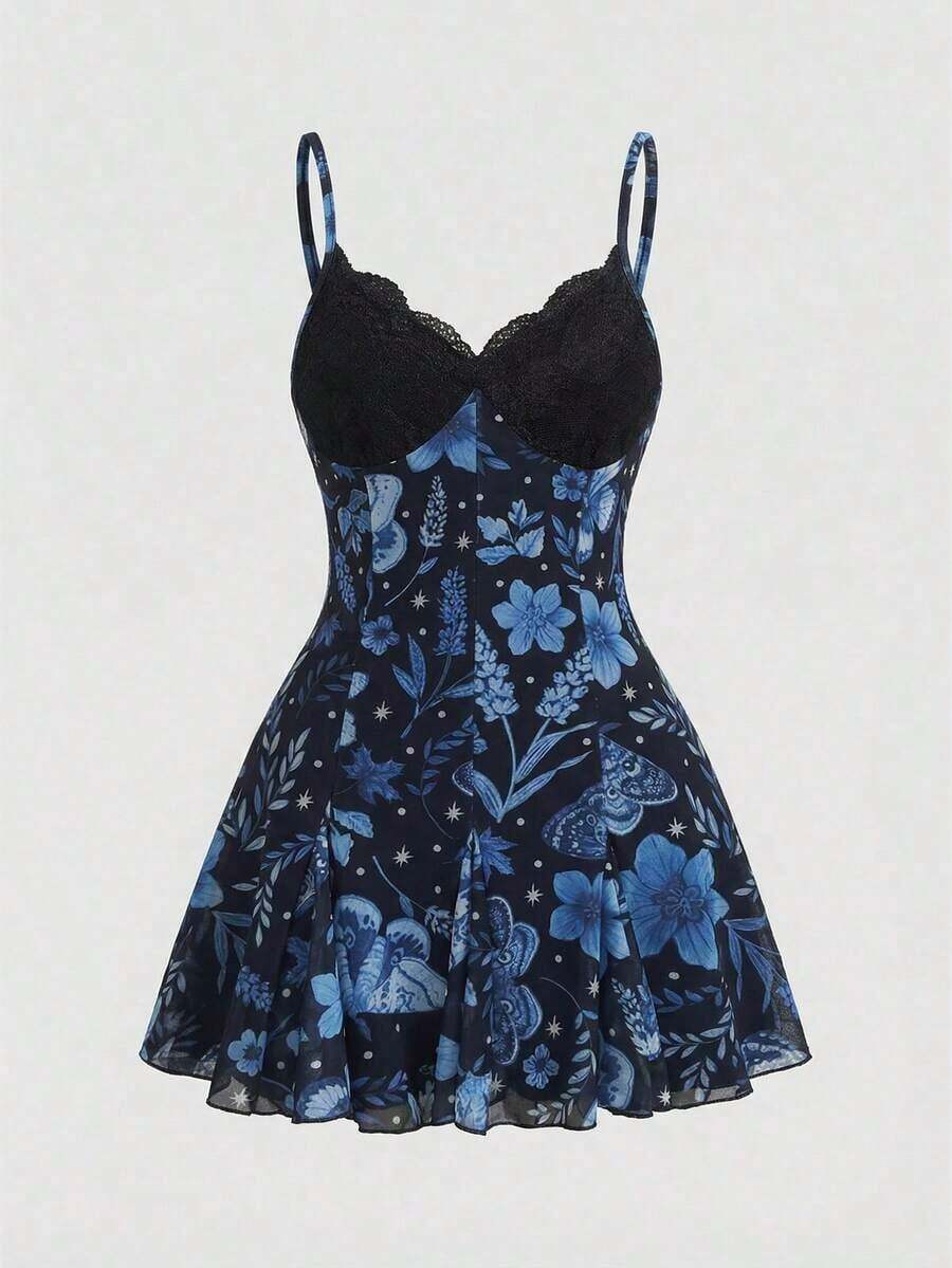 ROMWE Fairycore Vestido mini con tirantes finos, de corte holgado, con estampado floral bohemio, romántico y gótico para mujeres - Azul - Ver 1