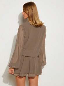 Vestido corto de mujer elegante de unicolor con cuello en V y manga larga - Camel - Ver 2