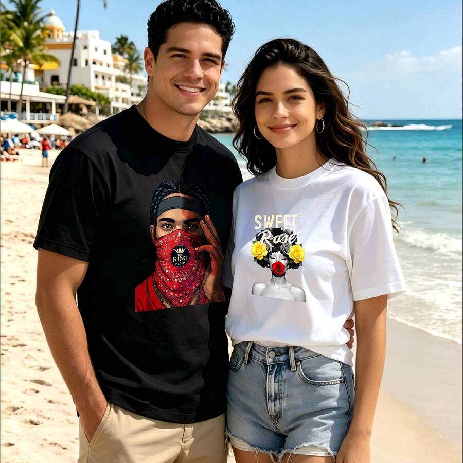 2-Piece Couple Matching Pattern T-Shirt, 100% Cotton, Loose Fit, Soft And Breathable, Casual Round Neck Short Sleeved Top Bulldog With Sunglasses Happy Together Versatile Patterns No Picky Combinations Coordinated Dating Casual Travel Simple And Cartoonish Printing Styles High Cost-Effectiveness - 黑色 - 查看 1