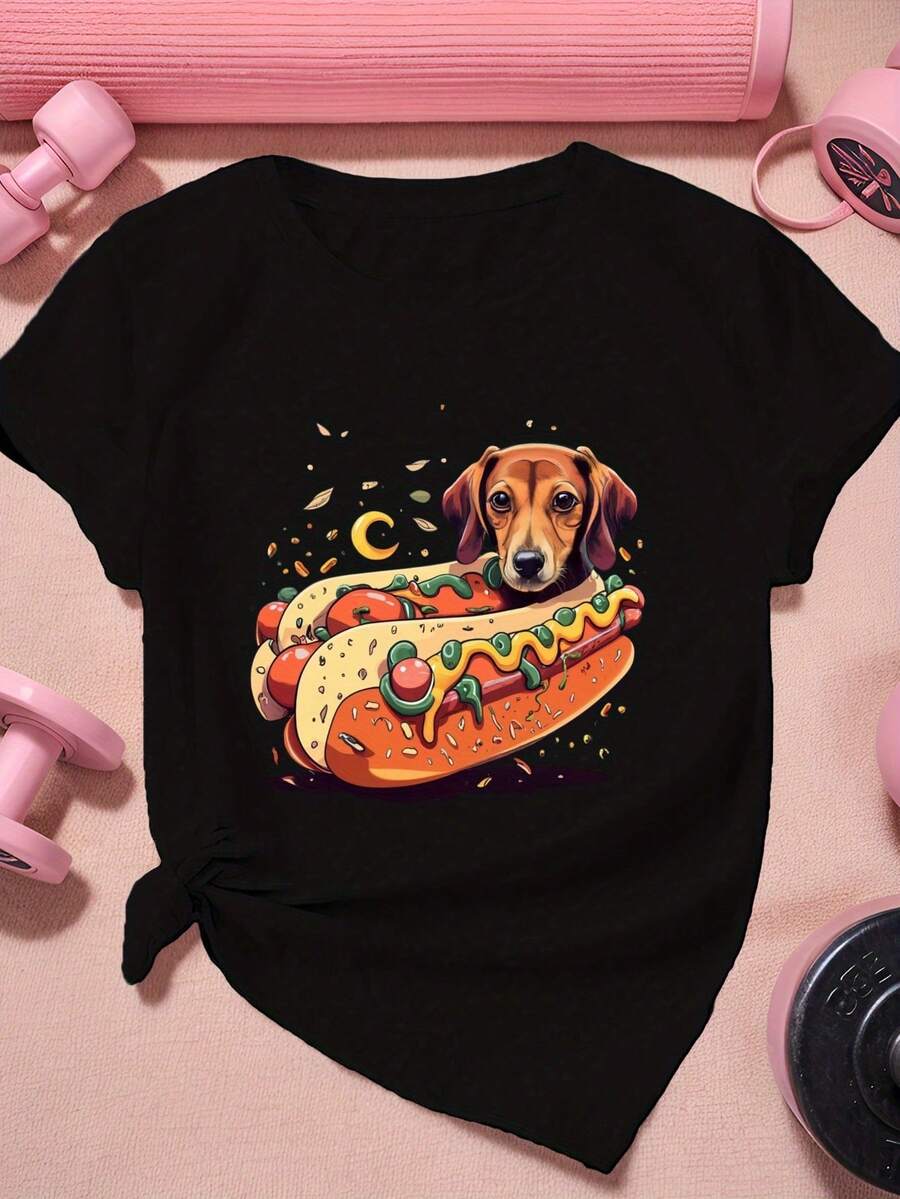 Women's Short-Sleeved Sports T-Shirt, Dachshund Size - Black - View 1