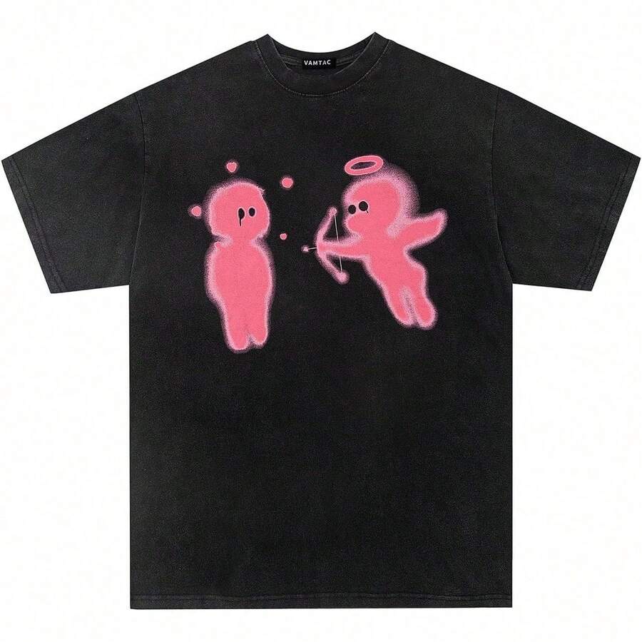 Camiseta Gráfica Oversize para Hombre Vamtac, Estilo Y2k Vintage con Diseño de Flecha de Cupido, Manga Corta, Ropa Urbana 2JHC - Negro - Ver 1