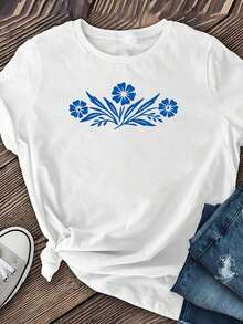 Casual T-Shirt [Vintage Corningware T-Shirt] Vintage Corningware Cornflower Blue T-Shirt | Mom's Vintage Kitchen, Blue Floral Pattern, 100% Cotton, Durable - 白色 - 查看 7