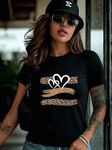 Camiseta Oversize Talla Grande Mujer con Estampado de Corazones y Leopardo - Ropa Casual Chic para Mujeres - Negro - Ver 1