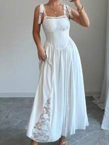 Vestido largo con tirantes encaje espalda descubierta para mujer verano - Blanco - Ver 6