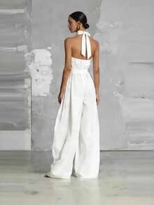 Mono (enterizo) nuevo para mujer, de moda y elegante, cintura entallada con lazo, detalles de pliegues, diseño favorecedor, perfecto para looks sofisticados - Blanco - Ver 2