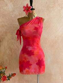 Elegant Off-The-Shoulder Floral Vacation Dress, Floral Mesh Dress, Asymmetrical Neckline Dress, Perfect For Spring/Summer, Beachwear, Elegant, Vacation, Beach, Hawaii, Date, Music Festival, Graduation, Prom - 紅色 - 查看 2