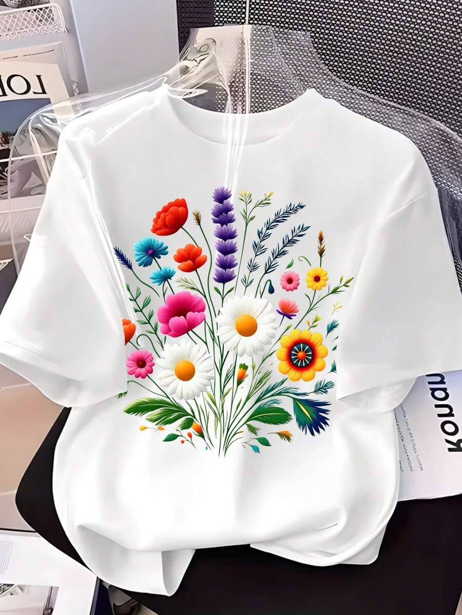 Camiseta de cuello redondo para mujer, estampado de flores variadas, margaritas, amapolas y lavanda, colores vivos, top de estilo campestre - Blanco - Ver 1