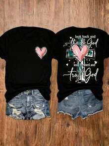 Camiseta de Mujer con Estampado Gráfico de Inspiración Cristiana - "Mirando hacia atrás, ve cuánto has avanzado" - Camiseta de manga corta con cuello redondo, diseño de cruz y corazón, elasticidad media, informal para primavera y verano, lavable a máquina, camiseta bonita, tela transparente para uso diario. - Negro - Ver 6