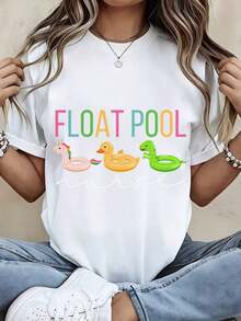 Camiseta Moderna y Minimalista para Mujer, con Estampado de Enfermera Flotante en la Piscina y Animales Inflables, Ropa Casual de Verano para Playa y Fiestas en la Piscina, Uso Diario Informal - Blanco - Ver 7