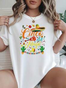 Camiseta Gráfica de Mujer con Estampado del Festival Cinco de Mayo, Opciones en Blanco, Camiseta Gráfica Casual para Uso Diario, Camisetas de Verano, Conjuntos de Verano, Camisetas Gráficas para Mujer, Tops Cortos para Mujer, Camisetas Vintage de Algodón, Ropa Linda para Mujer, Top de Verano - Blanco - Ver 1