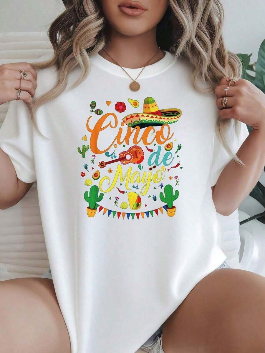 Camiseta Gráfica de Mujer con Estampado del Festival Cinco de Mayo, Opciones en Blanco, Camiseta Gráfica Casual para Uso Diario, Camisetas de Verano, Conjuntos de Verano, Camisetas Gráficas para Mujer, Tops Cortos para Mujer, Camisetas Vintage de Algodón, Ropa Linda para Mujer, Top de Verano - Blanco - Ver 1