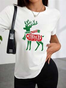 Camiseta de Moda para Mujer, Blanca con Estampado Frontal de Reno y Patrón de Feliz Navidad, Ropa Casual Cómoda para Fiestas Diurnas, Blusas para Mujer - Blanco - Ver 10
