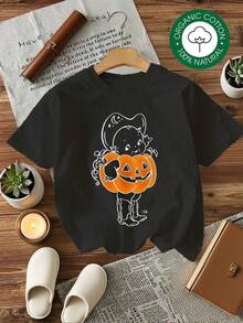 MYNOVA C Women's Plus Size Soft Cotton T-Shirt With Cute Ghost Pumpkin Halloween Design, Gift For Friends,  Set, Autumn Season, Fashionable Women's Summer Dresses, Casual, Perfect For All Seasons - 黑色 - 查看 1