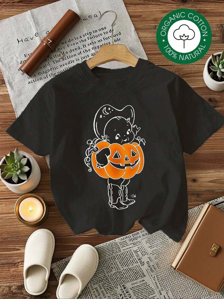 MYNOVA C Women's Plus Size Soft Cotton T-Shirt With Cute Ghost Pumpkin Halloween Design, Gift For Friends, Set, Autumn Season, Fashionable Women's Summer Dresses, Casual, Perfect For All Seasons - 黑色 - 查看 1