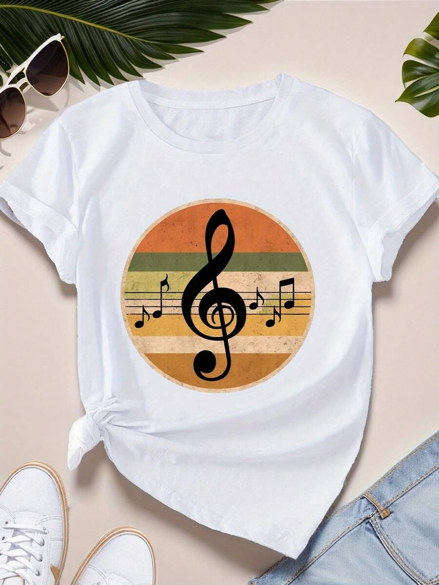úsica negra clave de sol camiseta cómoda para mujer - Blanco - Ver 1