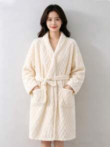 Áo choàng tắm dày dặn, thấm hút tốt, unisex, đồ ngủ đôi mùa thu/đông, áo choàng nhanh khô, họa tiết mây, thắt eo. - Màu tím - Xem 5