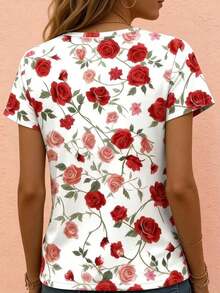 Elegant Women's Casual Round Neck T-Shirt With White Rose Floral Print For Summer, Vacation Wear, Graphic Tee, Casual Everyday Wear - 彩色 - 查看 3