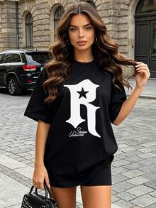 Women's Summer Casual Soft Round Neck Short Sleeve T-Shirt,The Star Letter R Print Graphic Is Suitable For Daily Wear In Spring And Summer.Black - Black - View 2