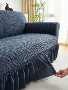 1pc Blue-Gray Plush Jacquard Ruffled Elastic Sofa Cover, Dust-Proof And Dirt-Resistant, Stretch Full Coverage Sofa Protector, Home Decor, Machine Washable, Pillow Cover Not Included - Teal Blue - View 2