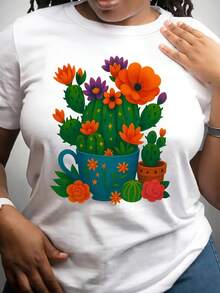 Beautiful Cactus Lady Short-Sleeved, Casual Short-Sleeved T-Shirt, Patterned Printed Round-Neck T-Shirt, Casual Short-Sleeved Round-Neck Top for Spring And Summer - Blanco - Ver 2