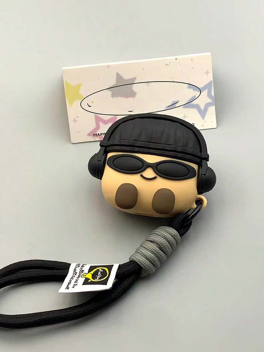 Cute Happy Boy Headphone Case For AirPod1/2/3/4/Pro, Creative Cartoon Character With Fashion Glasses & Wrist Strap, Silicone Skin - Black - View 1