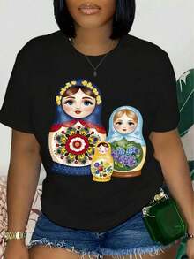 Short-Sleeved T-Shirt With A Print Of Three Traditional Russian Dolls, Round Neck, Casual Style For Summer And Spring, Women's Clothing, Summer T-Shirt. - 黑色 - 查看 6