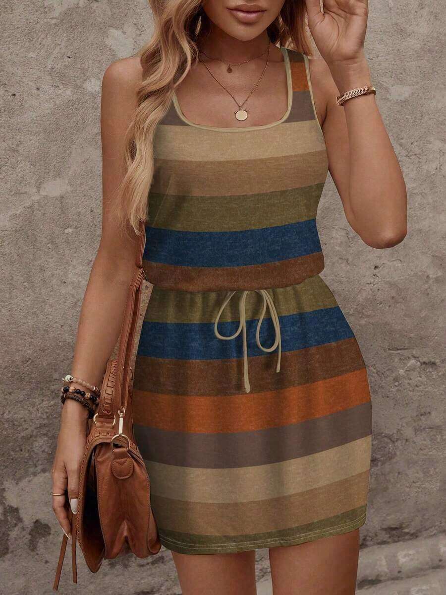 Vestido corto casual de mujer con estampado de rayas de contraste, adecuado para vestido de vacaciones de primavera/verano, vestido elegante para salir, casual - Multicolor 2 - Ver 1