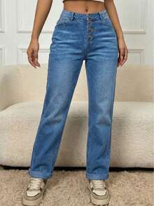 Women's Mid-Rise Straight Leg Non-Stretch Denim Jeans, Loose Casual Multi-Button Closure Jeans - 淺色水洗藍 - 查看 1