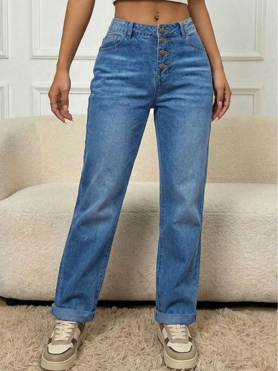 Women's Mid-Rise Straight Leg Non-Stretch Denim Jeans, Loose Casual Multi-Button Closure Jeans - 淺色水洗藍 - 查看 1