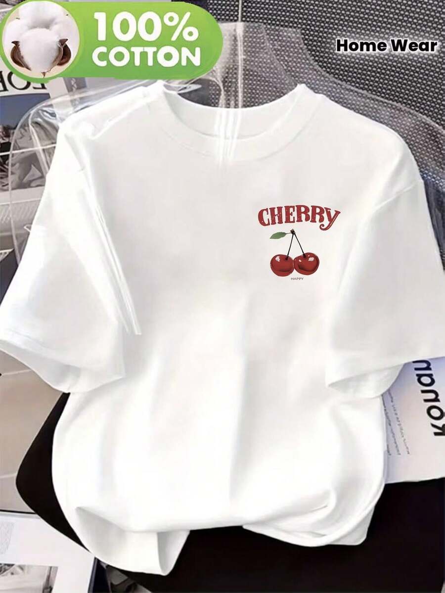 Women's Printed T-Shirt Made From 100% Cotton; Features A Cherry Print Design; A Soft And Comfortable Blouse For Women's Loungewear, Suitable For All Seasons; A Breathable And Moisture-Wicking Short-Sleeved Casual T-Shirt For Women. - 白色 - 查看 1