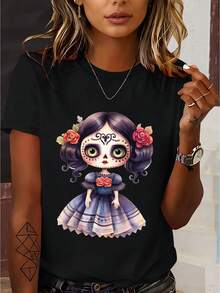 Women's T-Shirt, Mexican Day Of The Dead Design, Watercolor Makeup Skull Illustration, Custom Printed Sweatshirt, Casual Crew Neck Sweatshirt For Spring Summer, Short Sleeve T-Shirt, Women's Standard Size, Comfortable Top 40990, Women's Going Out Clothes - 黑色 - 查看 12