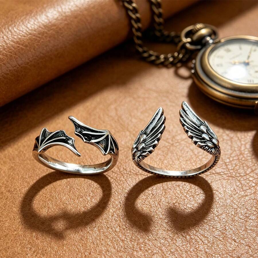 Nhẫn hở hình cánh thiên thần và ác quỷ, thiết kế họa tiết sần sùi, nhẫn unisex đa năng. - Nhiều màu - Xem 1