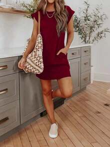 Vestido casual de bolsillo de unicolor para uso diario y viajes, verano - Burdeos - Ver 1