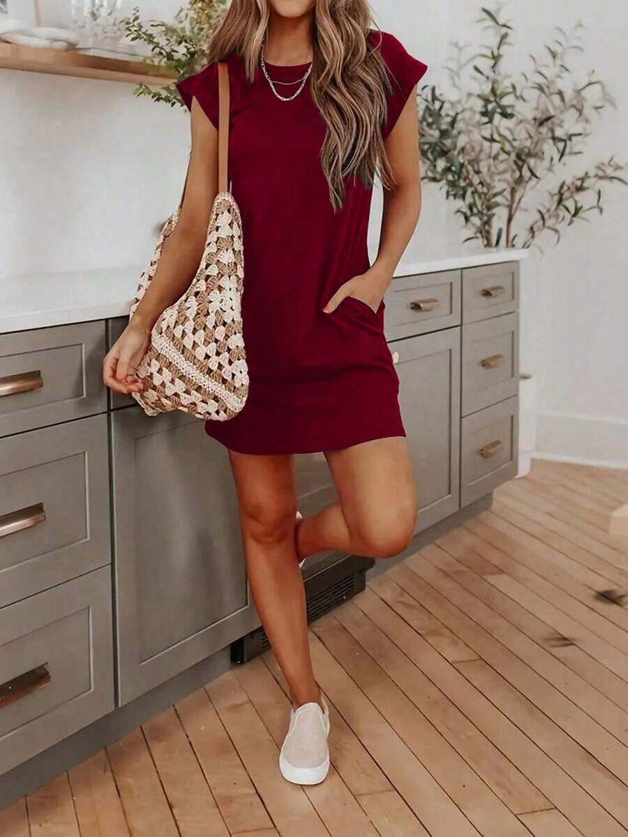 Vestido casual de bolsillo de unicolor para uso diario y viajes, verano - Burdeos - Ver 1