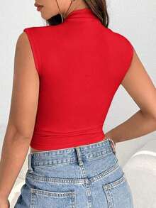Chaleco Tejido De Color Sólido Para Mujer Con Cuello Alto - Rojo - Ver 2