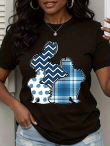 Camiseta de Mujer con Diseño de Familia de Conejos en Patrón Azul - Negro - Ver 1