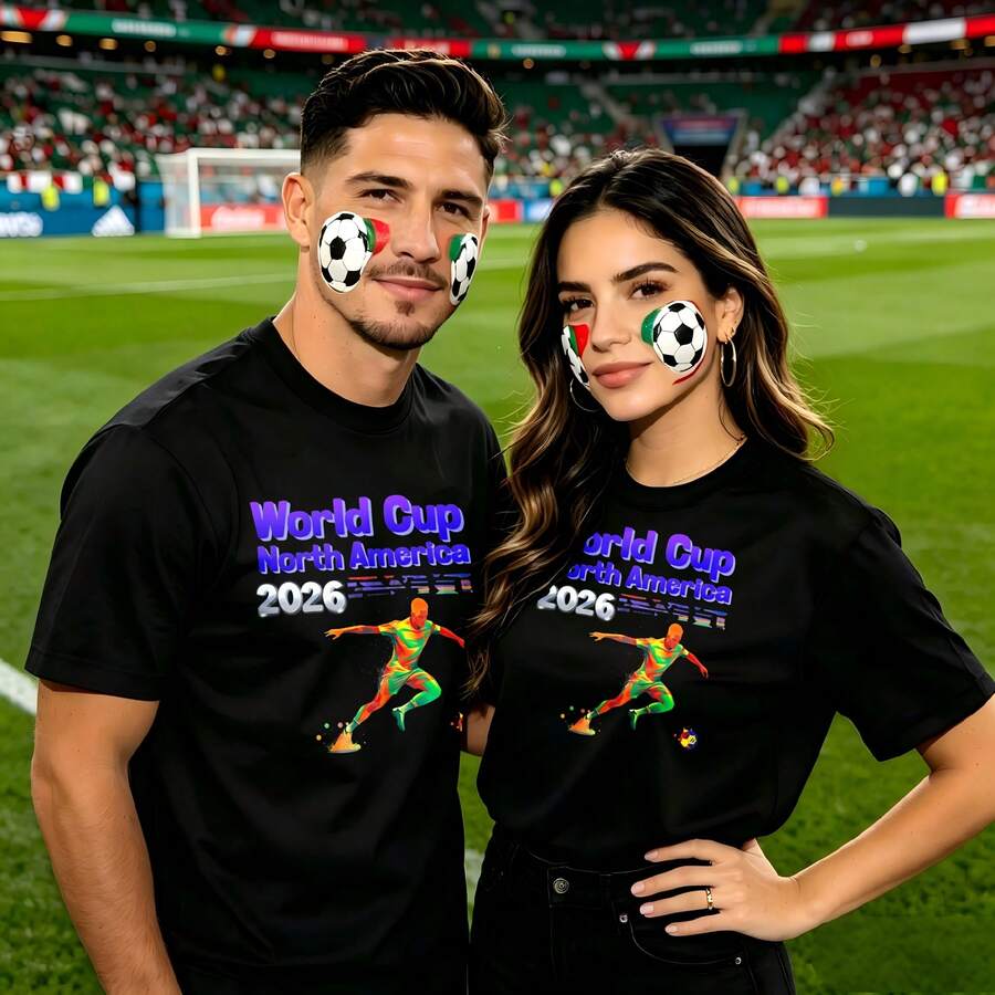 Couple Football Pattern T-Shirt, 100% Cotton, Loose Fitting, Soft And Breathable, Casual Round Neck Short Sleeved Top World Cup North America 2026 Soccer Player Design Printed Patterns, Dating, Leisure Travel, Gatherings, Simple Cartoon Printing Style, High Cost-Effectiveness Suitable For Watching - 黑色 - 查看 1