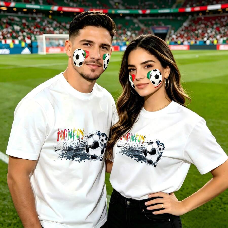 Couple Football Pattern T-Shirt, 100% Cotton, Loose Fitting, Soft And Breathable, Casual Round Neck Short Sleeved Top Monte Carlo Soccer Ball Pattern Printed Patterns, Dating, Leisure Travel, Gatherings, Simple Cartoon Printing Style, High Cost-Effectiveness Suitable For Watching Live Sports Games, - 白色 - 查看 1