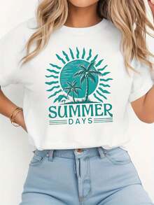 Blusa casual para mujer, camiseta estampada con diseño de palmeras para vacaciones de verano, top casual de manga corta y cuello redondo, adecuada para verano y primavera, ropa de mujer, playeras de mujer algodón. - Blanco - Ver 1