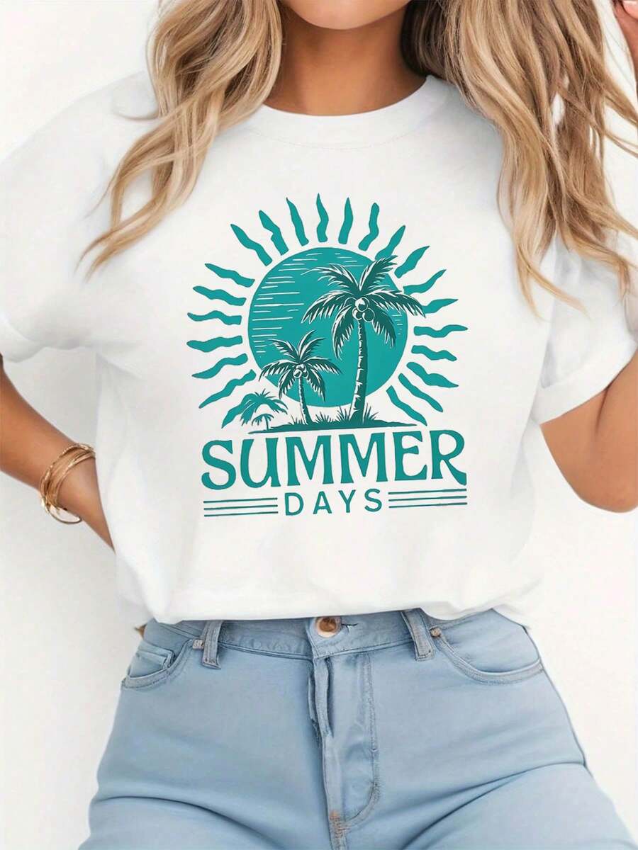 Blusa casual para mujer, camiseta estampada con diseño de palmeras para vacaciones de verano, top casual de manga corta y cuello redondo, adecuada para verano y primavera, ropa de mujer, playeras de mujer algodón. - Blanco - Ver 1
