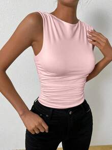 Camiseta de tirantes ajustada con cuello de tripulación y pliegues de unicolor de verano para mujer - Rosa Pálido - Ver 3